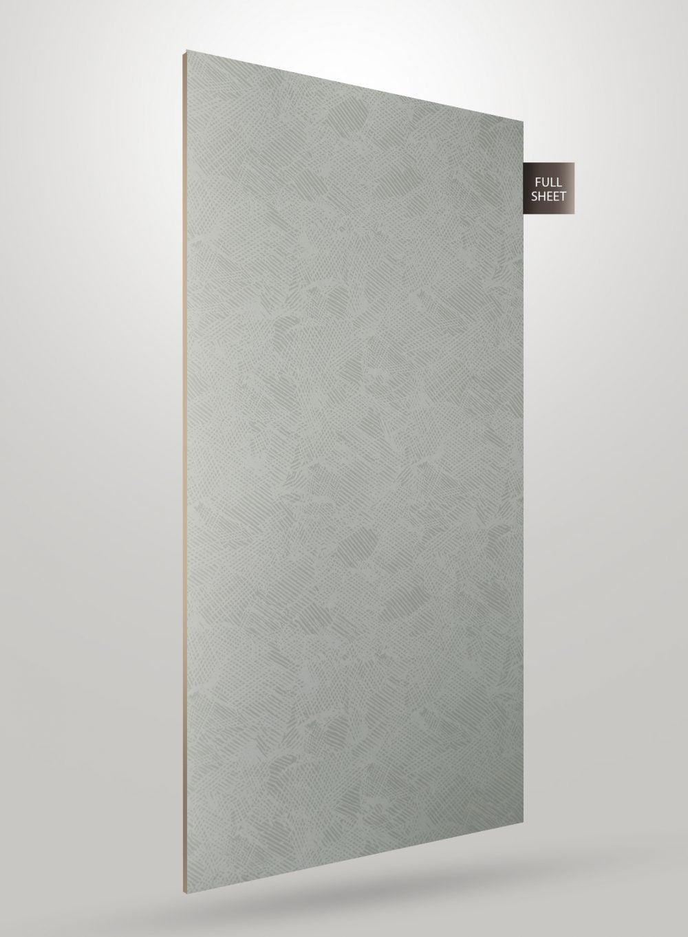Grey patterned laminate sheet with matte finish and textured surface, showing full sheet view with subtle design details.