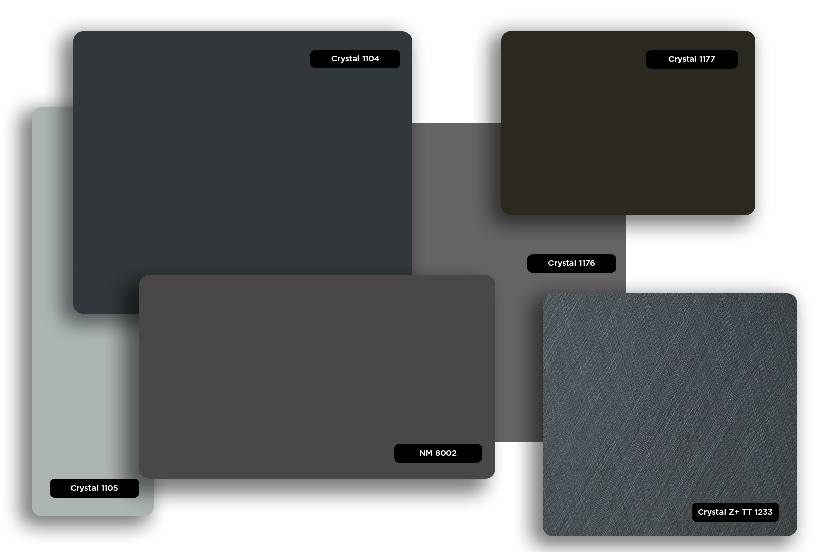 Grey matte laminate samples with various shades and textures, labeled with codes, displayed together on a white background.