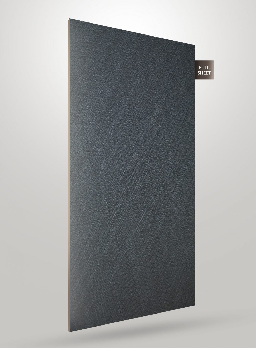 Grey matte laminate sheet with diagonal texture and full sheet label visible on the right corner.