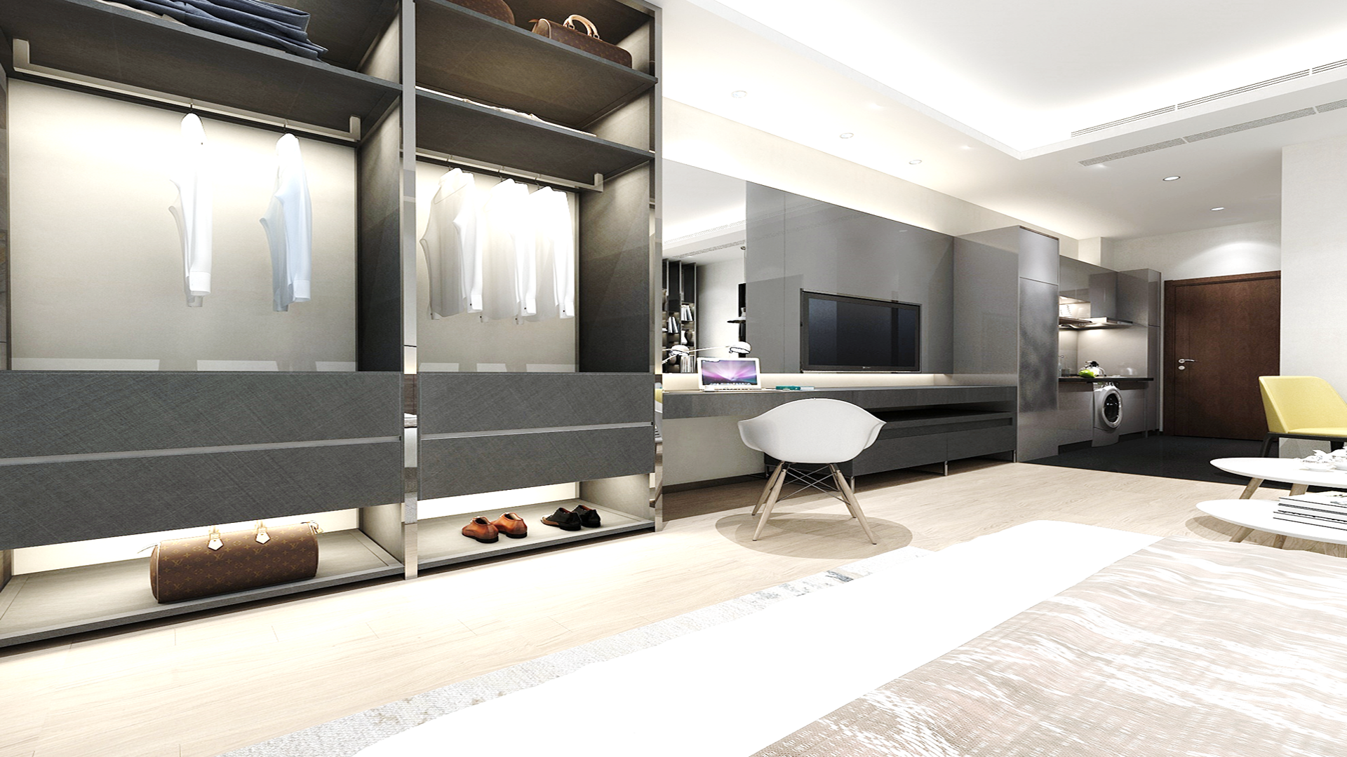 Grey matte laminate used in modern closet and desk area with sleek finish and subtle texture in a minimalist interior design.