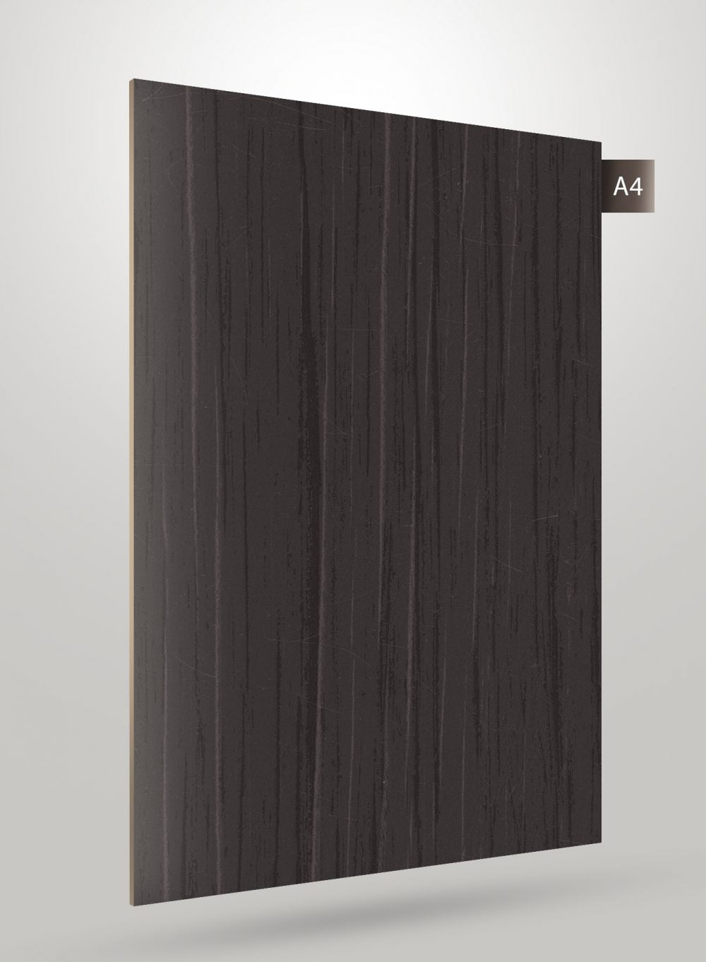 Dark wood grain decorative laminate with matte finish and vertical wood pattern, subtle texture visible on the surface.