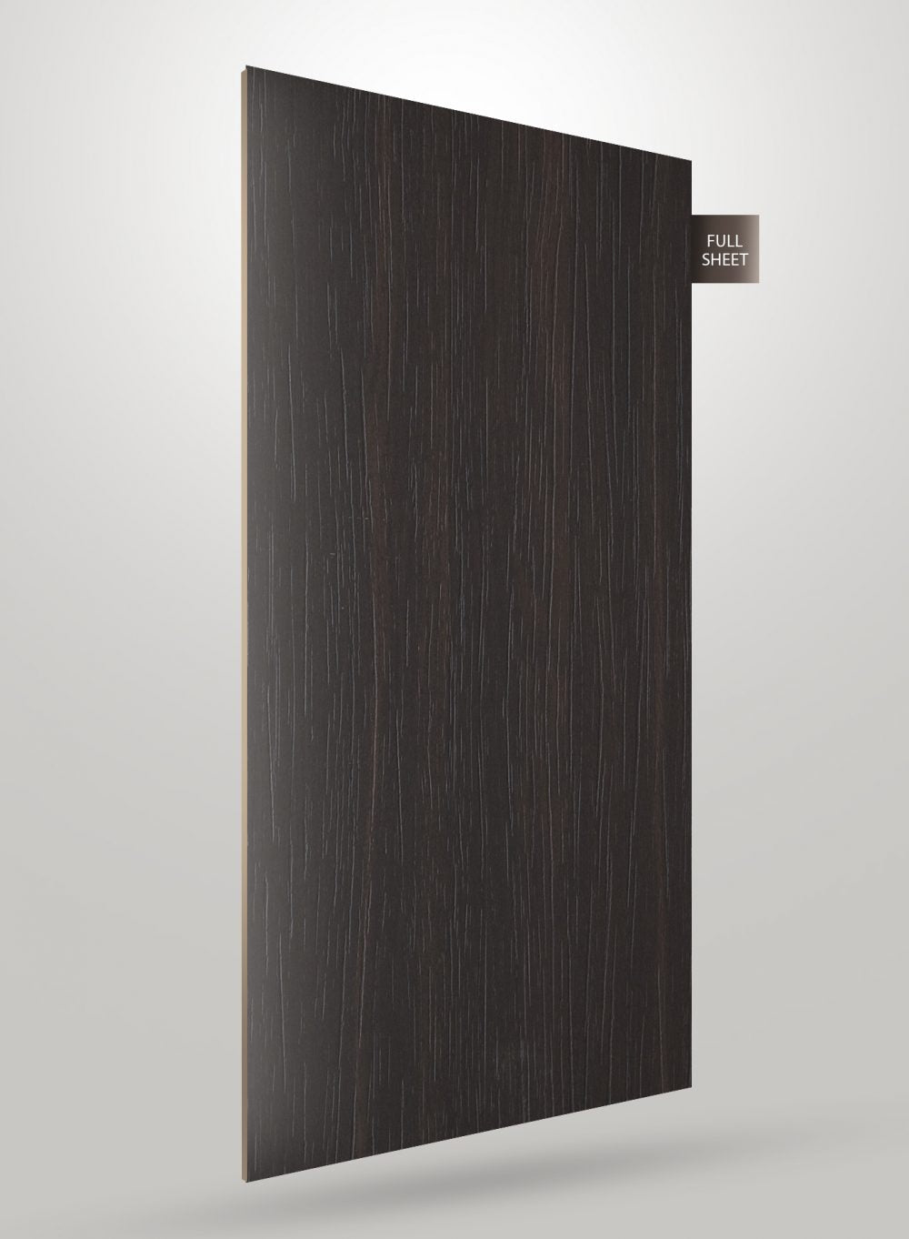Dark brown wood grain decorative laminate sheet with matte finish and visible wood texture on a white background.