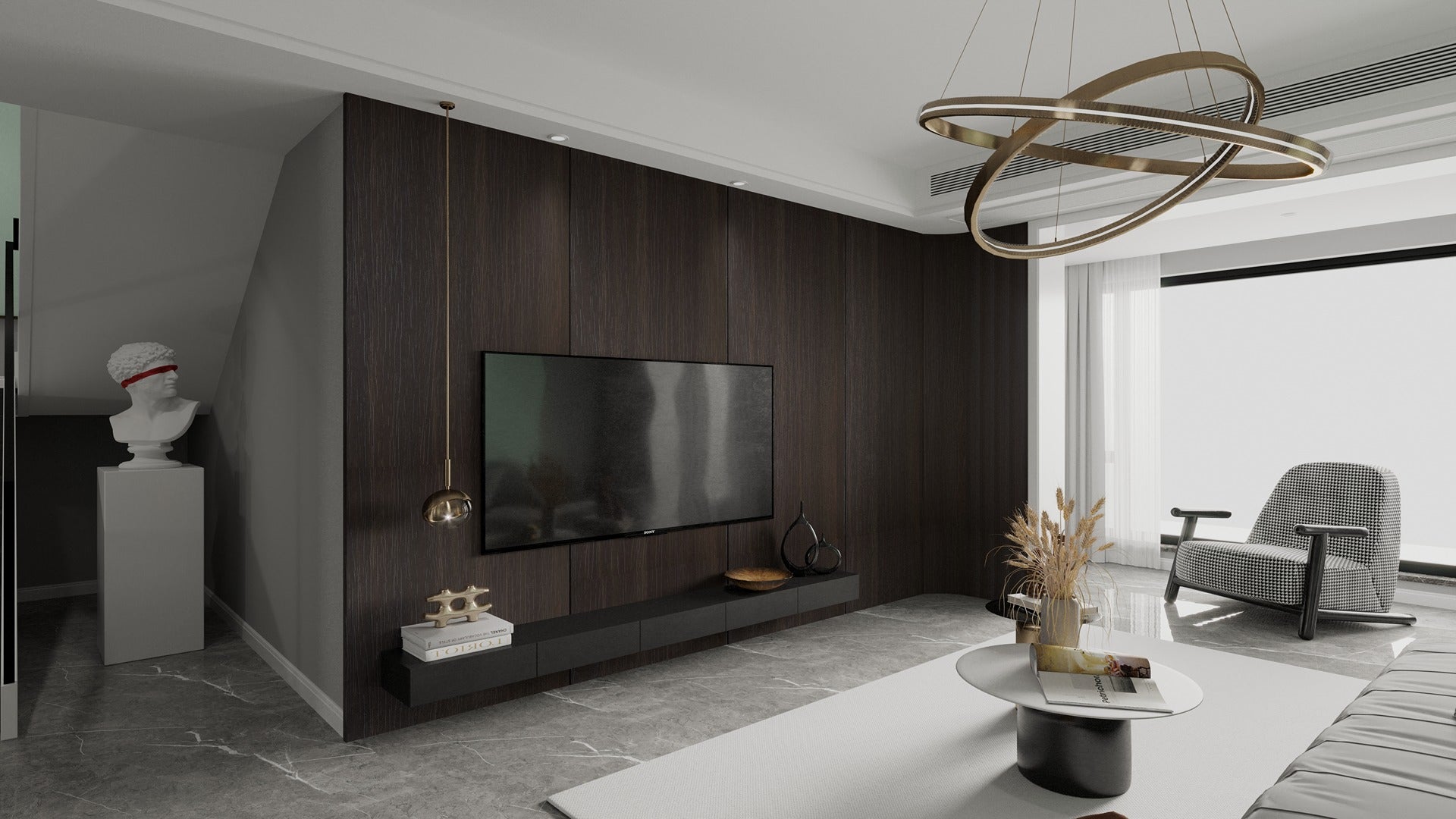 Dark wood laminate wall with matte finish and wood grain texture in a modern living room setting with minimalist decor.