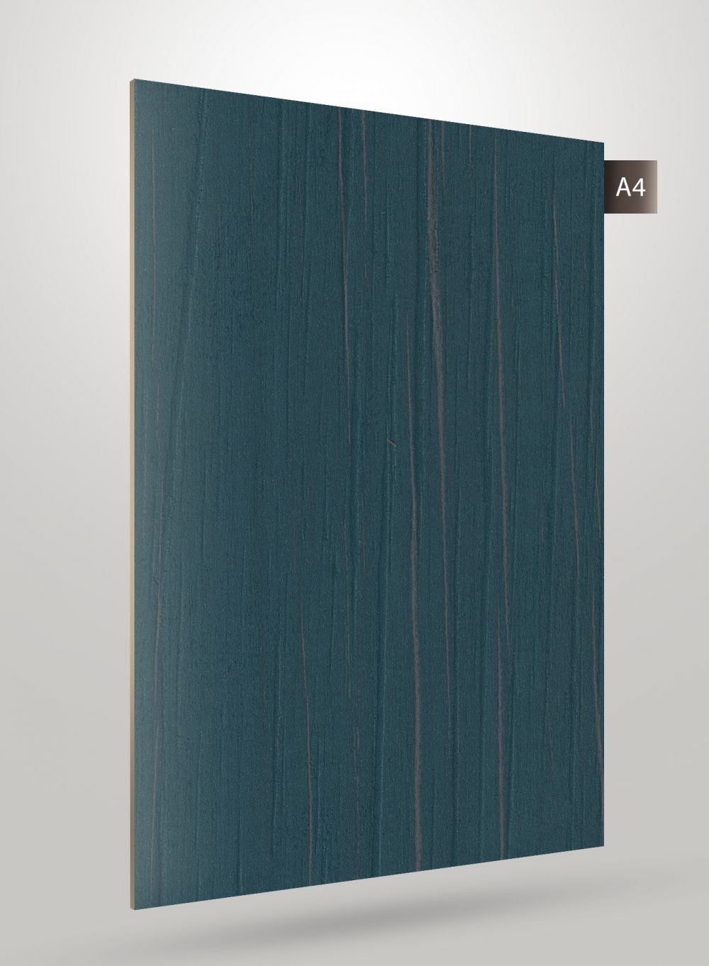 Blue wood grain decorative laminate with matte finish and vertical wood pattern, showing texture and subtle grain details.