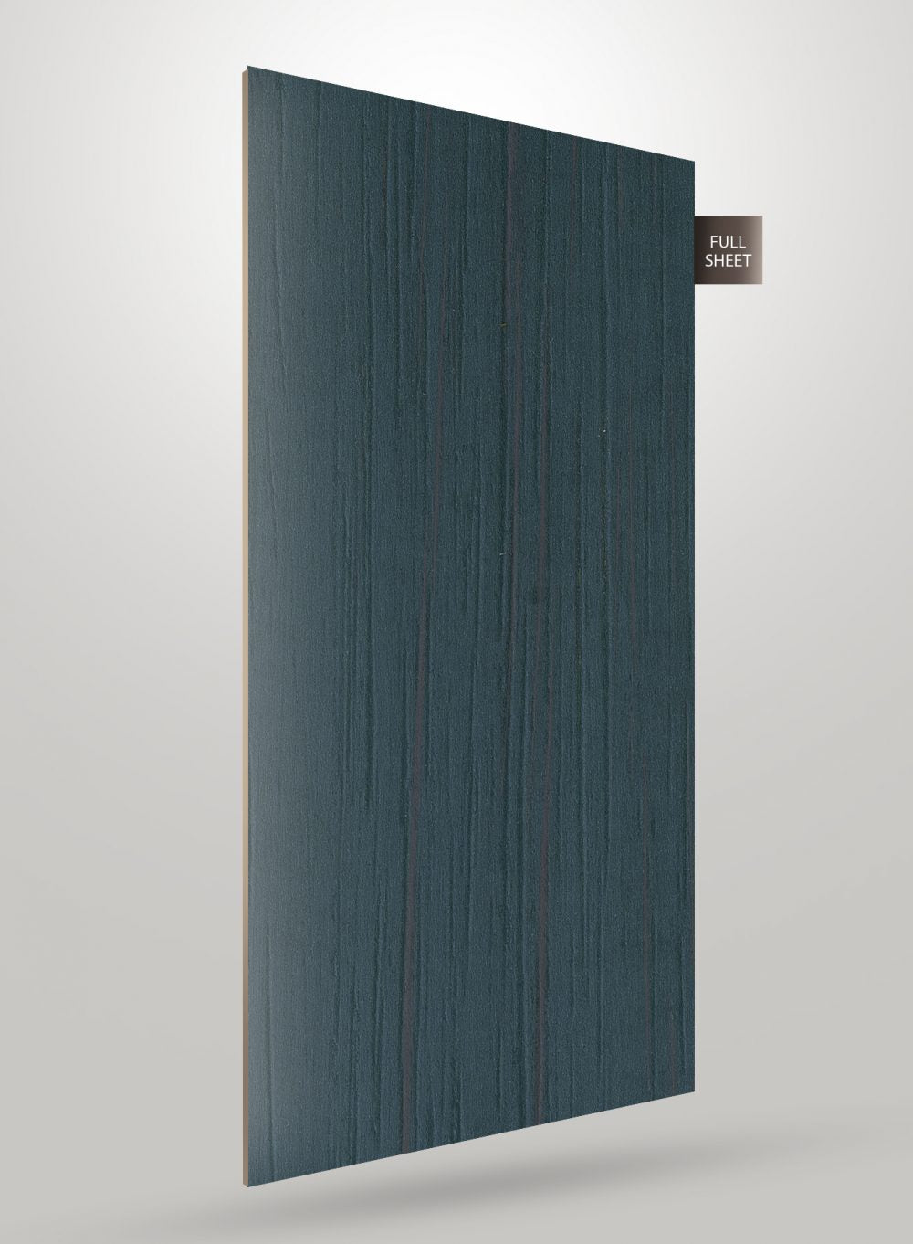 Dark blue wood grain decorative laminate with matte finish and visible wood texture, shown as full sheet.