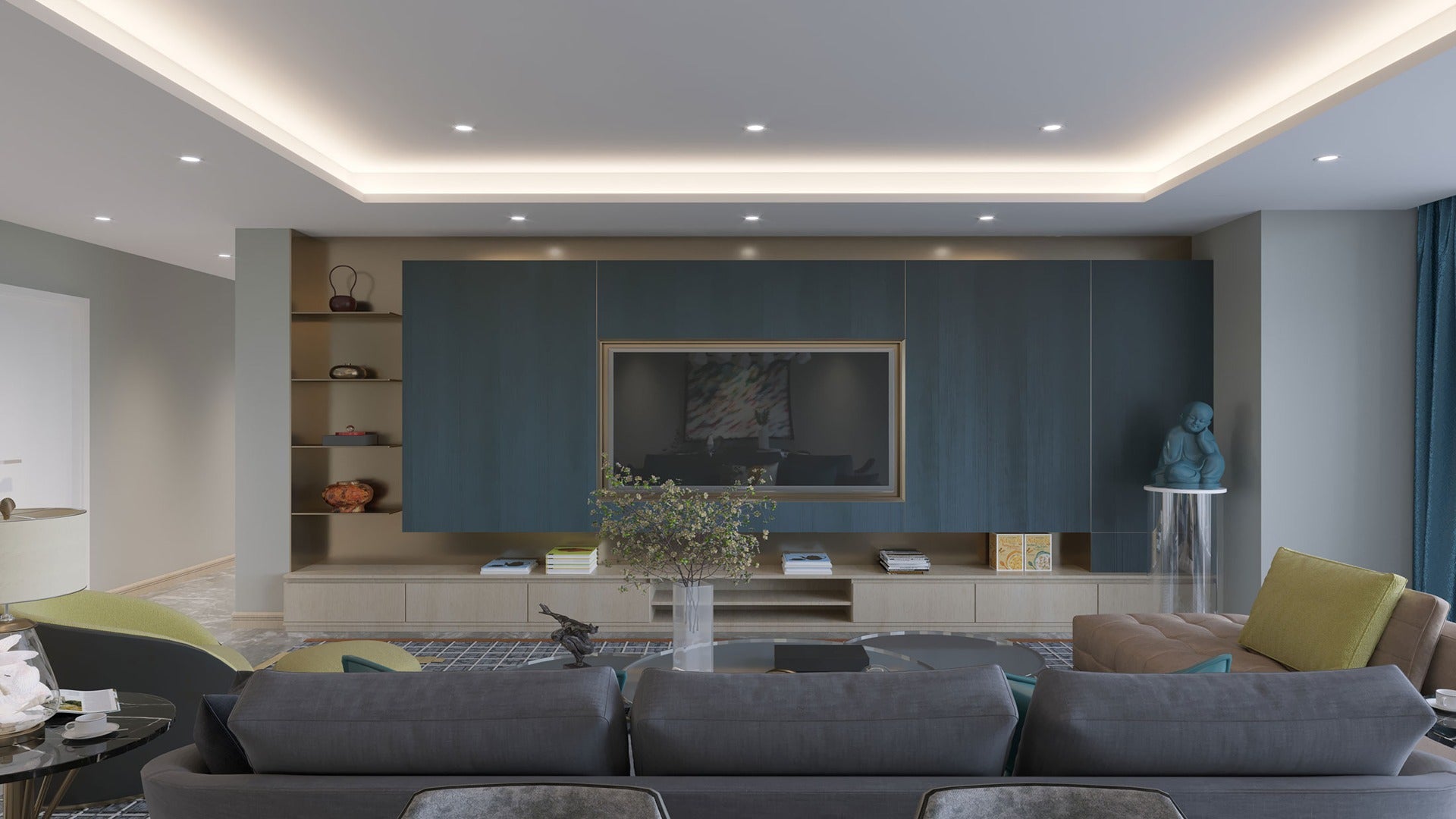 Blue wood grain laminate wall panel with matte finish in modern living room with gray sofa and decorative items