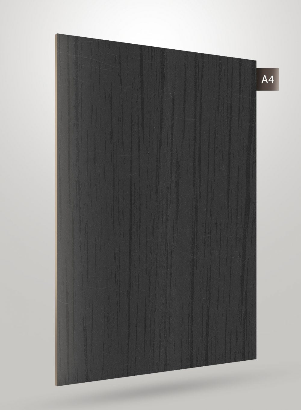 Dark wood grain decorative laminate with matte finish and vertical wood pattern texture.