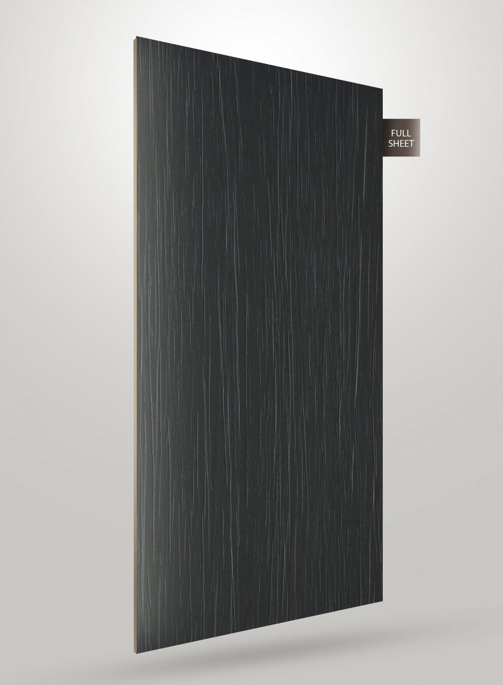 Dark grey wood grain decorative laminate sheet with matte finish and visible wood texture and grain pattern.