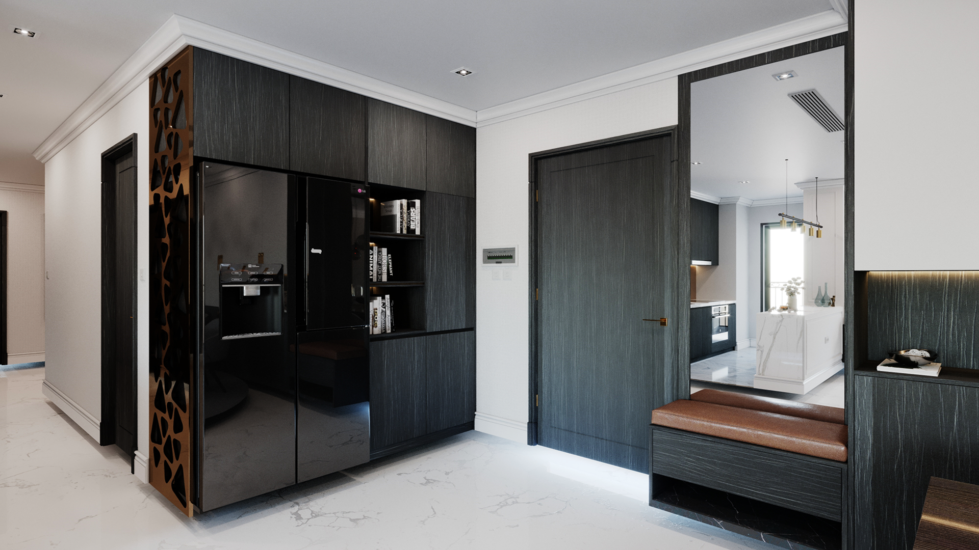 Dark wood laminate with wood grain texture used on modern cabinetry and door in a sleek interior space.