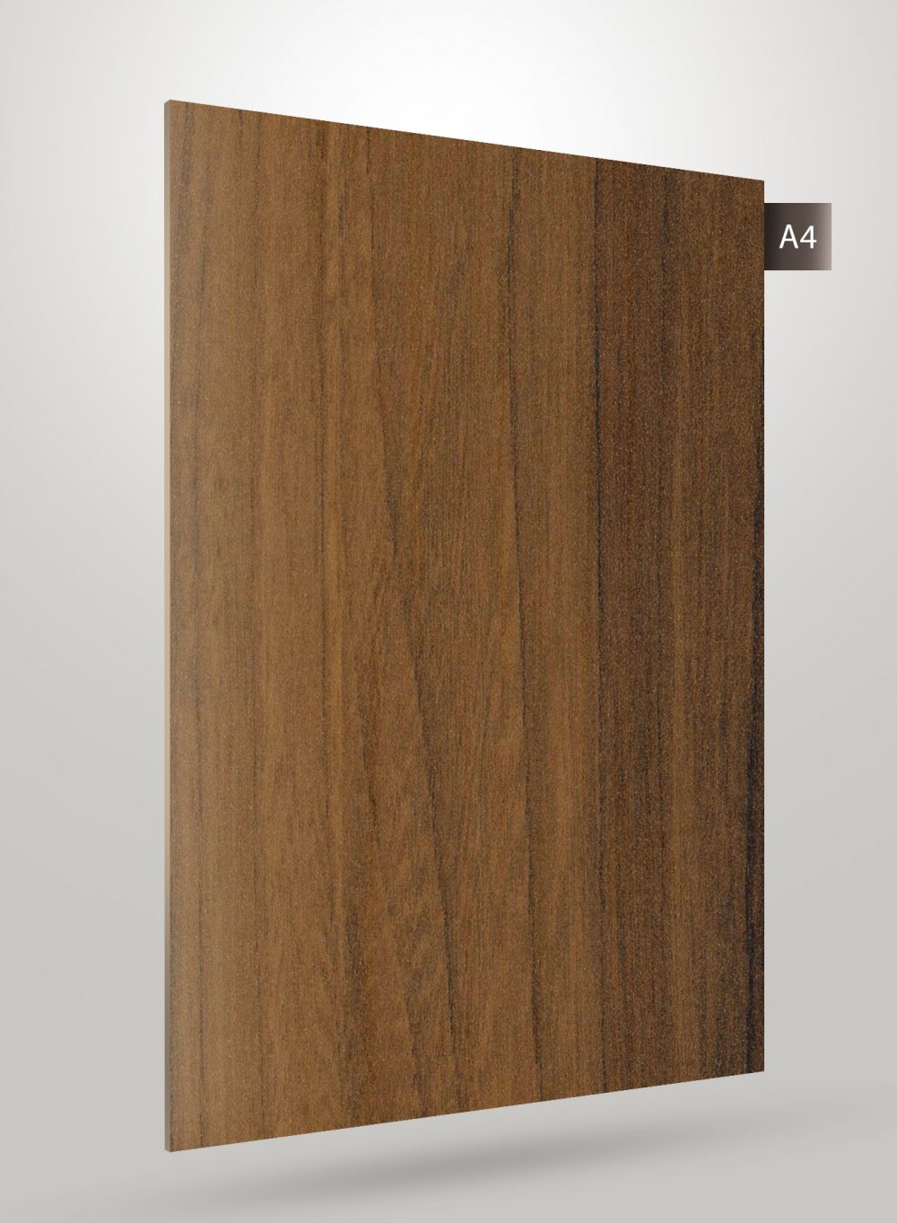 Brown wood grain decorative laminate with matte finish and vertical wood pattern texture.