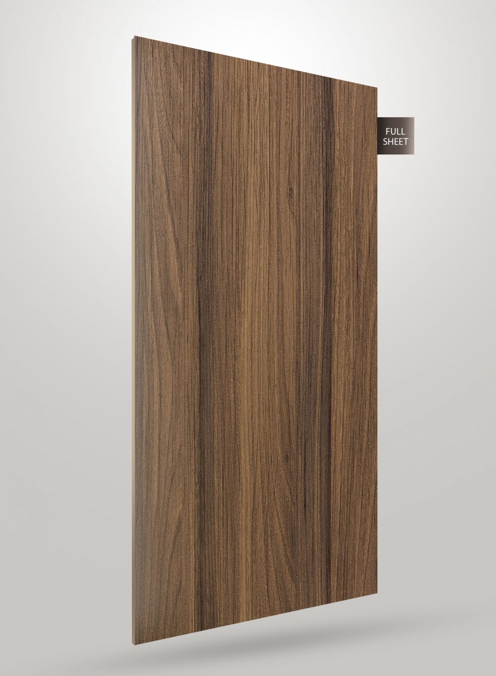 Brown wood grain decorative laminate sheet with matte finish and visible wood texture and grain pattern on full sheet