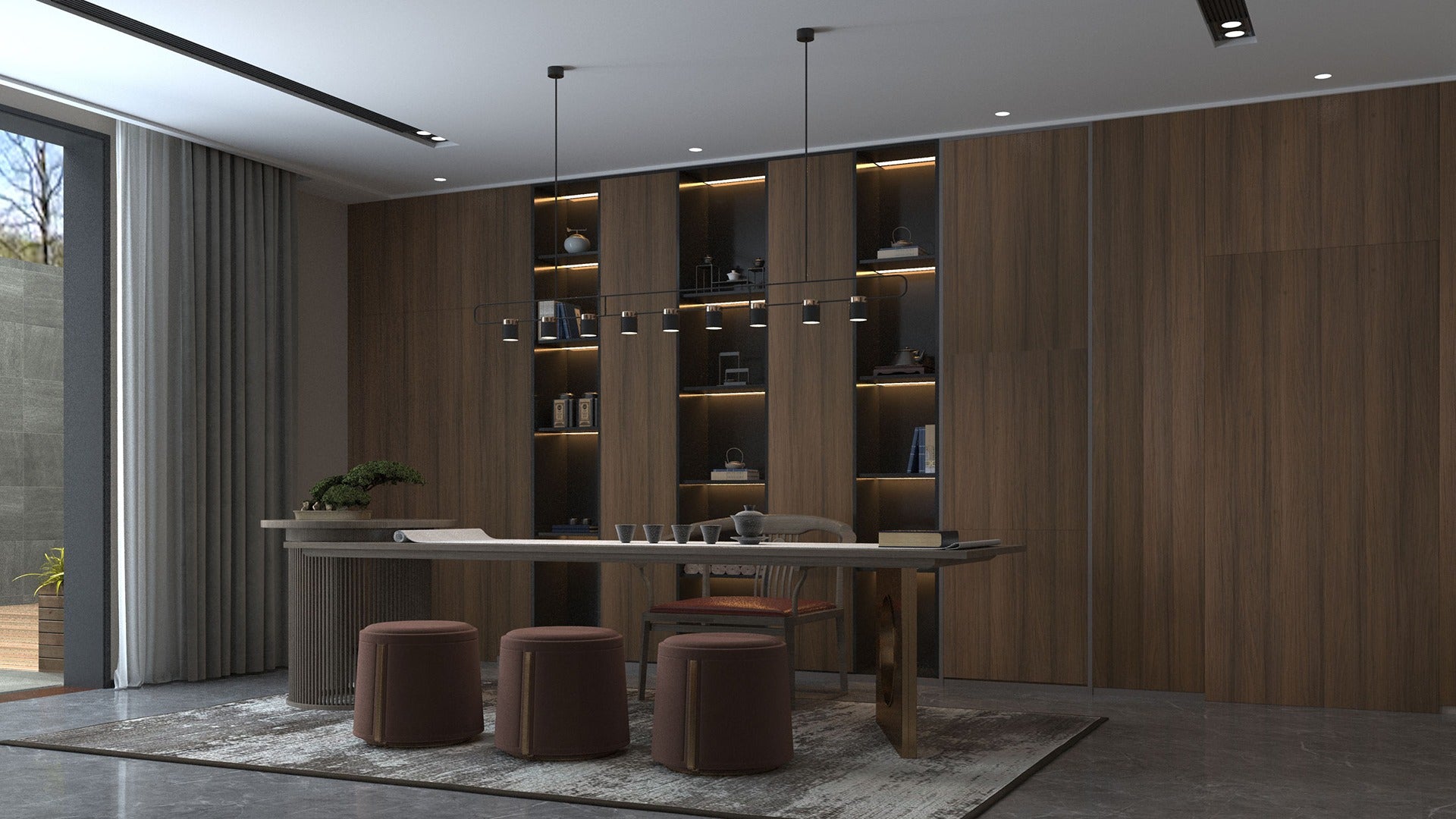 Wood laminate wall and shelving units in modern dining room with matte finish and wood grain texture visible on panels