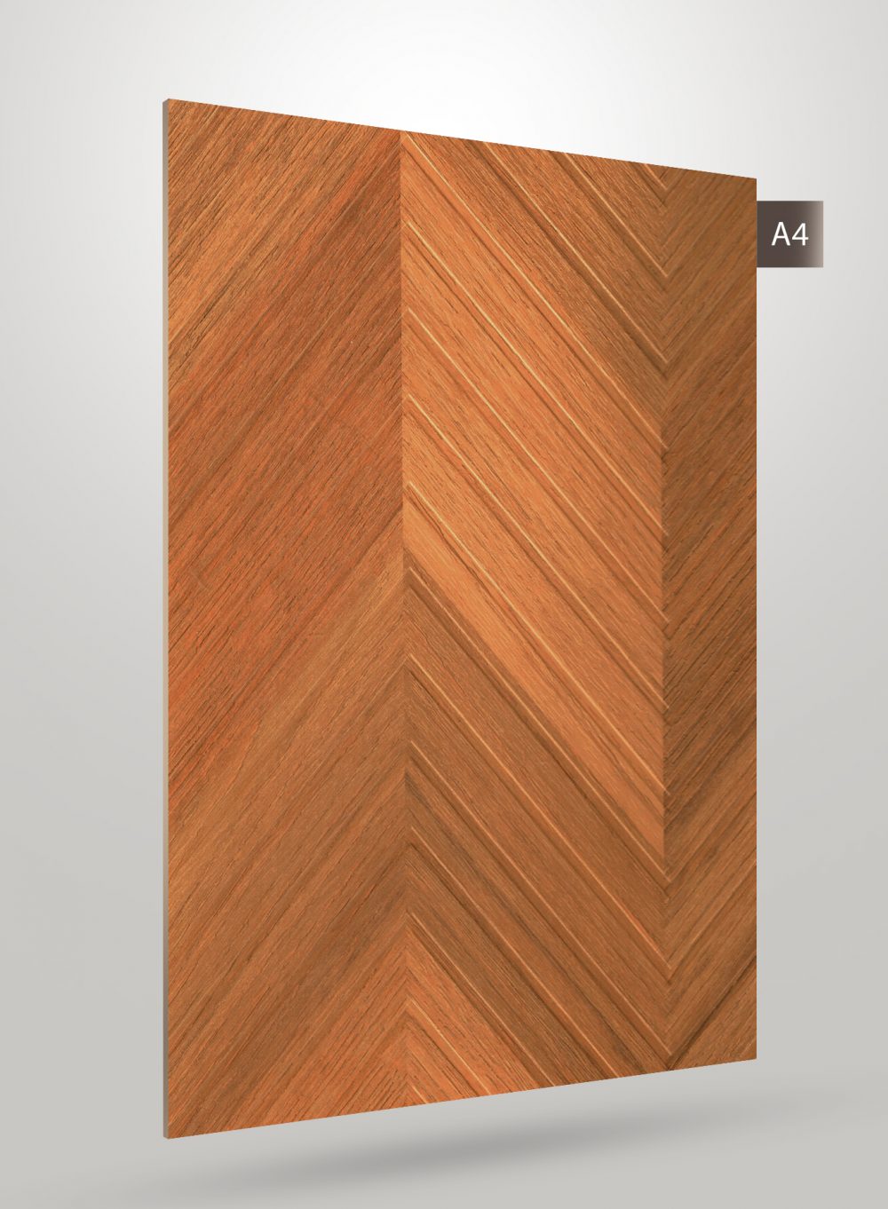 Brown wood grain decorative laminate with herringbone pattern and matte finish, showcasing diagonal wood texture and layered