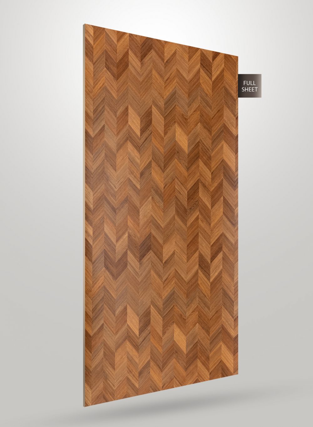 Brown wood laminate sheet with herringbone pattern and matte finish, showcasing textured wood grain and geometric design.
