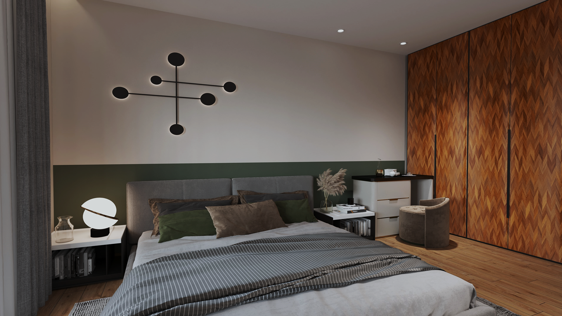 Brown wood laminate wall with chevron pattern in modern bedroom setting.