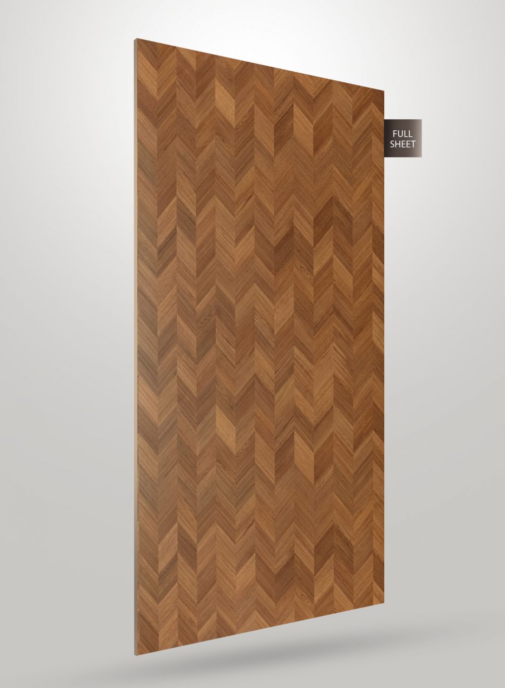 Brown wood laminate sheet with herringbone pattern and matte finish, showing textured 3D design and wood grain details.