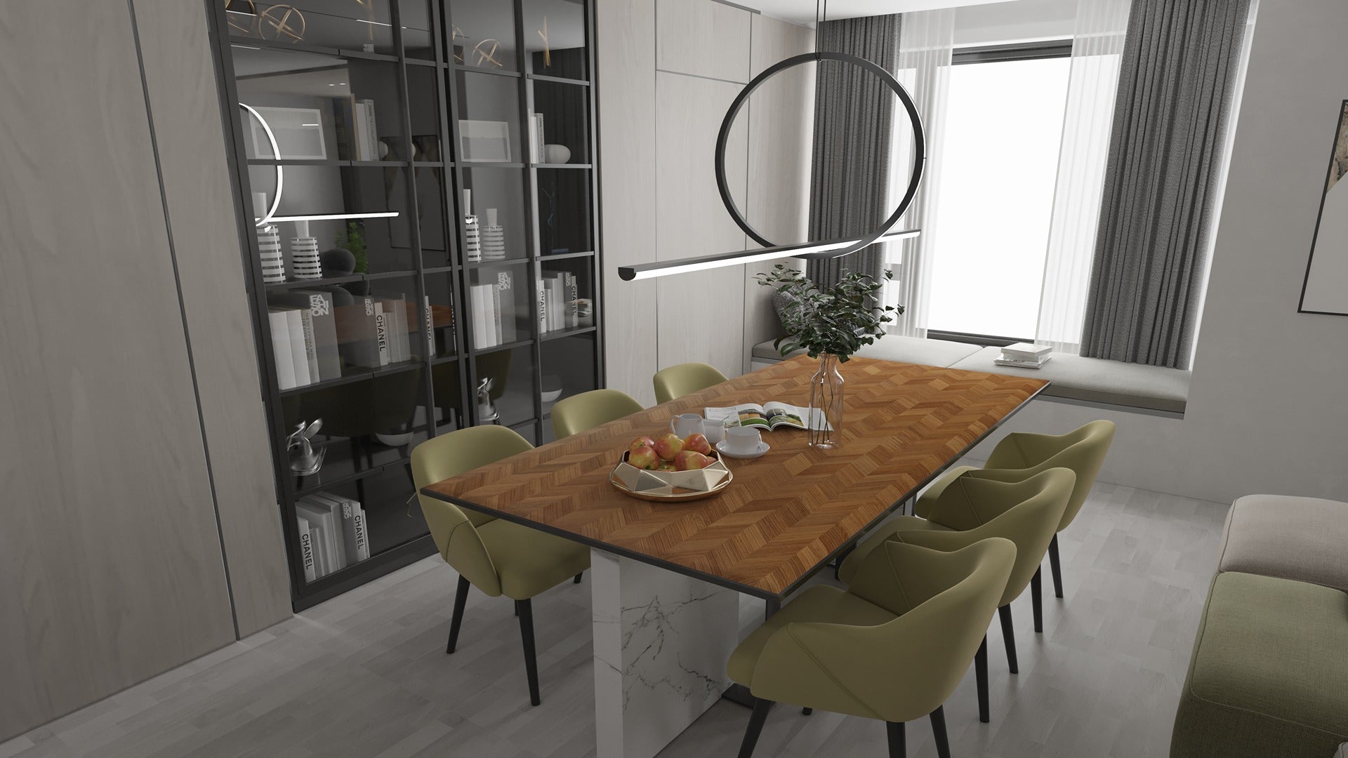 Brown wood laminate table top with herringbone pattern in modern dining room setting with green chairs and minimalist decor.