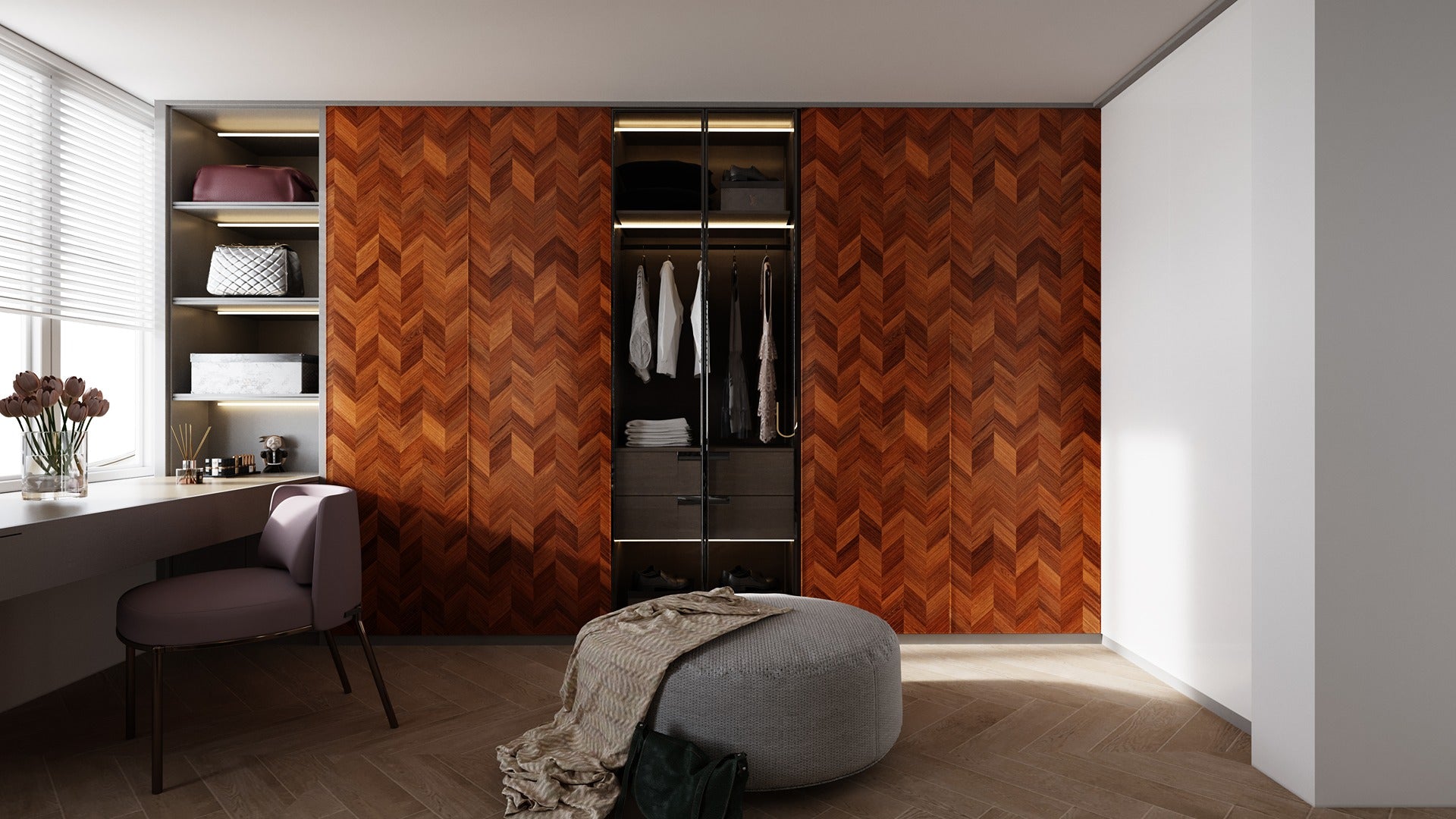 Brown wood laminate with herringbone pattern on closet walls in modern dressing room with furniture and accessories.