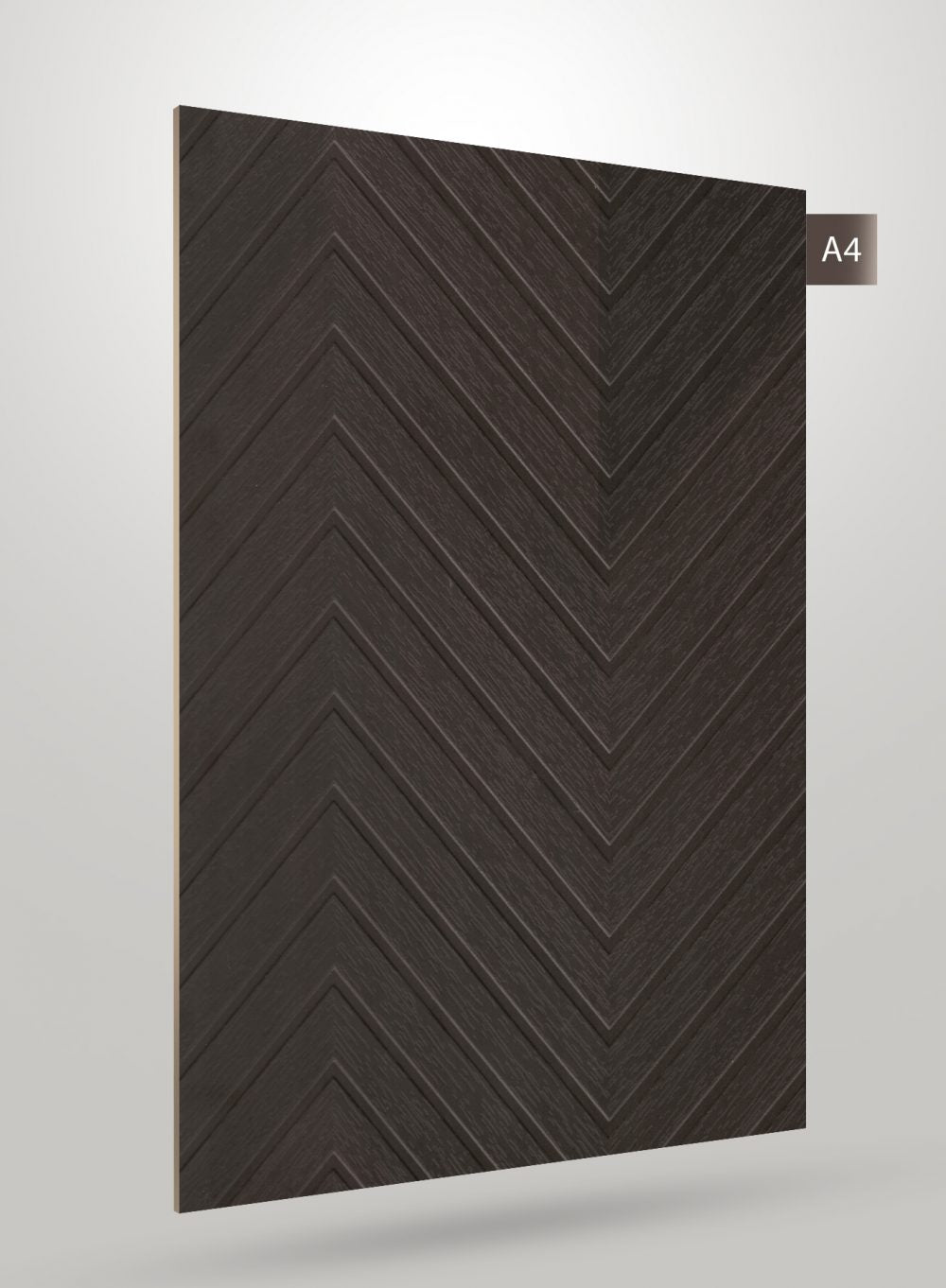 Dark brown wood laminate with chevron pattern and matte finish
