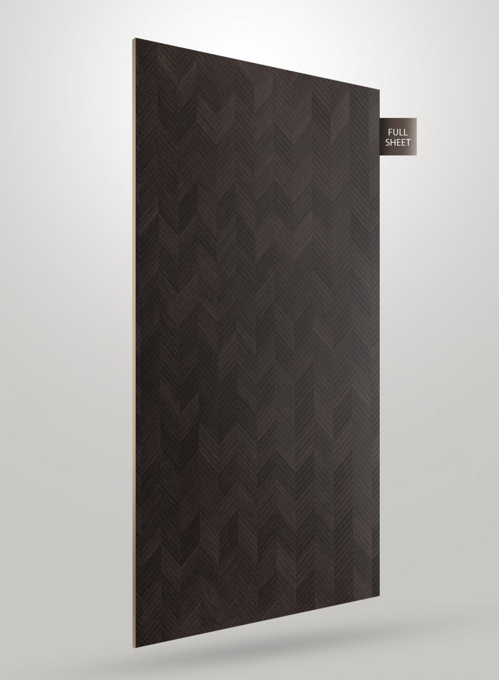 Dark brown decorative laminate sheet with herringbone pattern and matte finish, labeled full sheet.