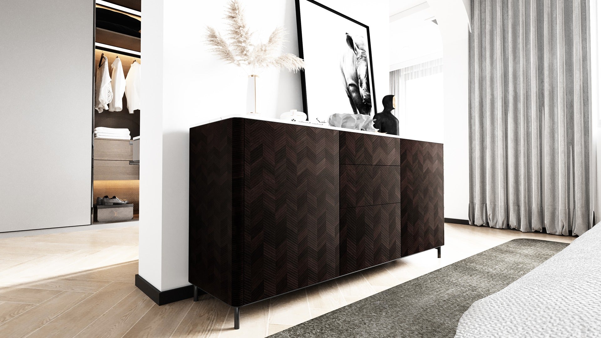 Brown wood laminate dresser with herringbone pattern in modern bedroom with white walls and light wood flooring