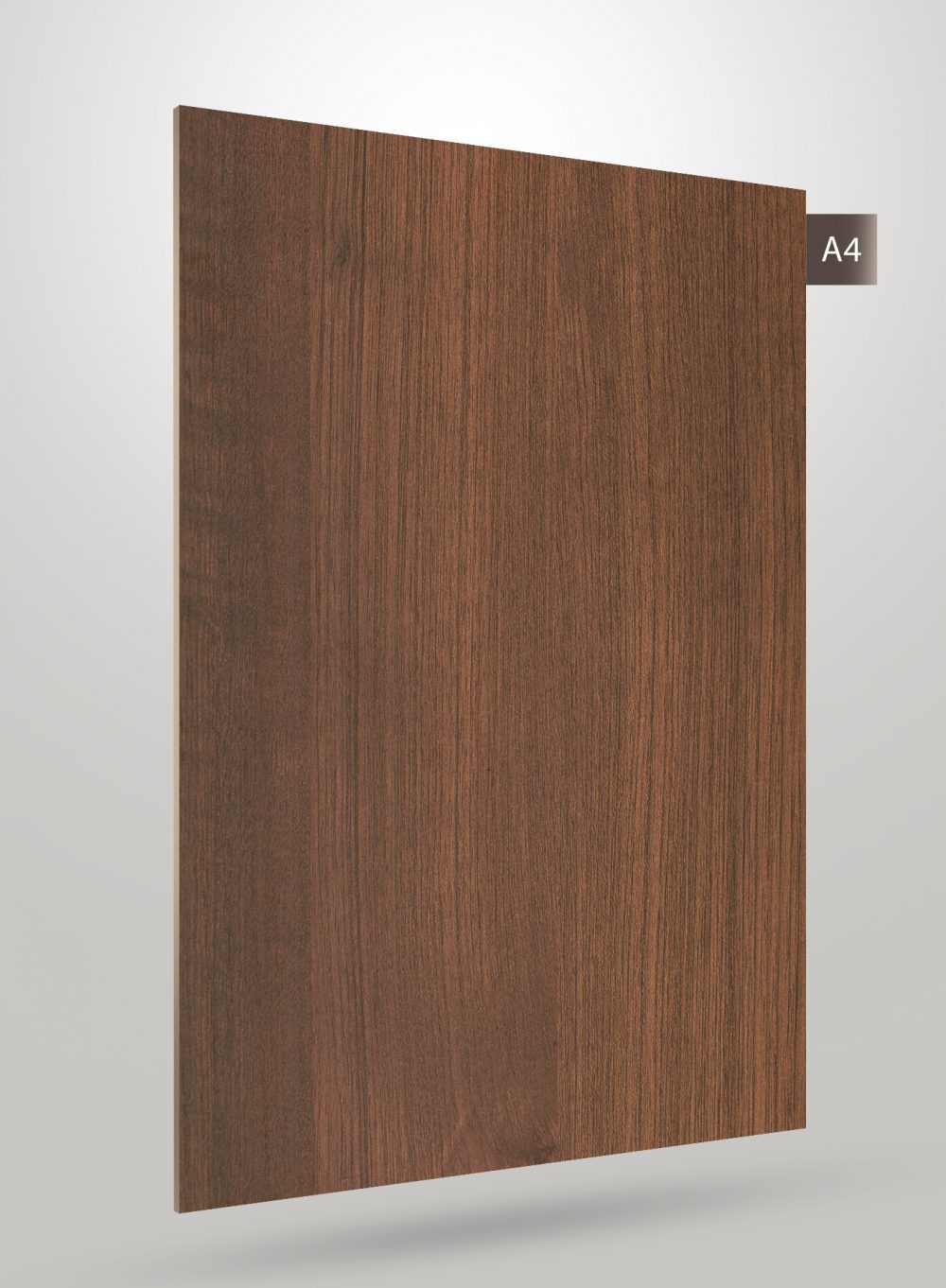 Brown wood grain decorative laminate with matte finish and vertical wood pattern texture