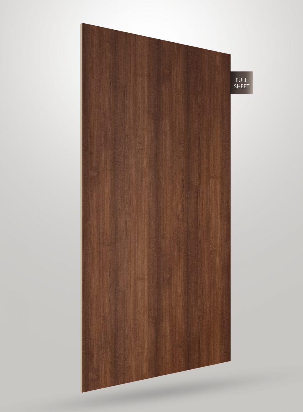 Brown wood grain decorative laminate sheet with matte finish and visible wood texture, labeled full sheet.