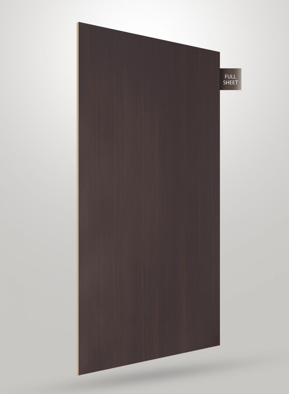 Brown wood grain decorative laminate with matte finish and visible wood texture on a full sheet.
