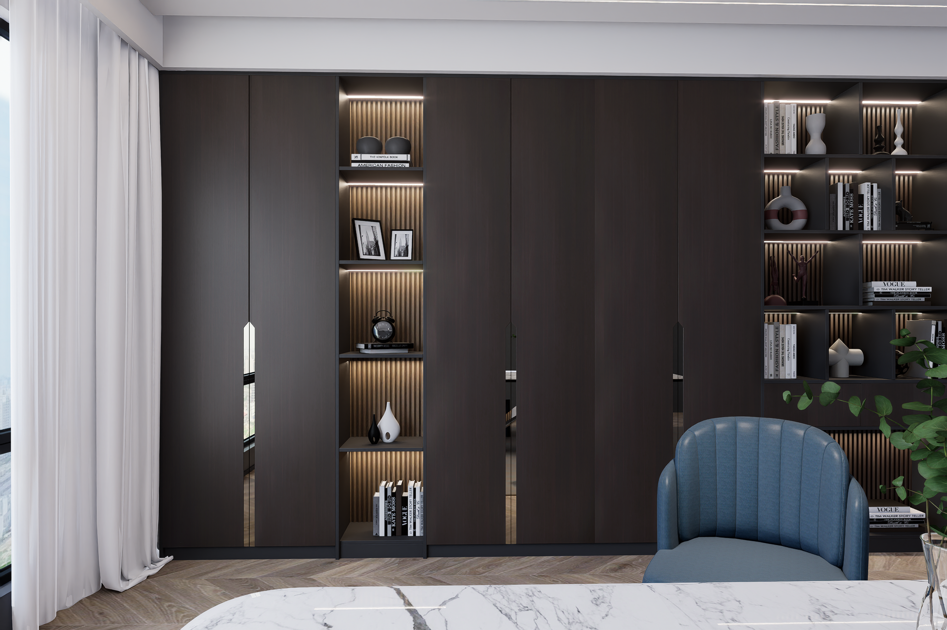 Brown wood laminate used on modern cabinet doors and shelves with matte finish and visible wood grain texture in interior