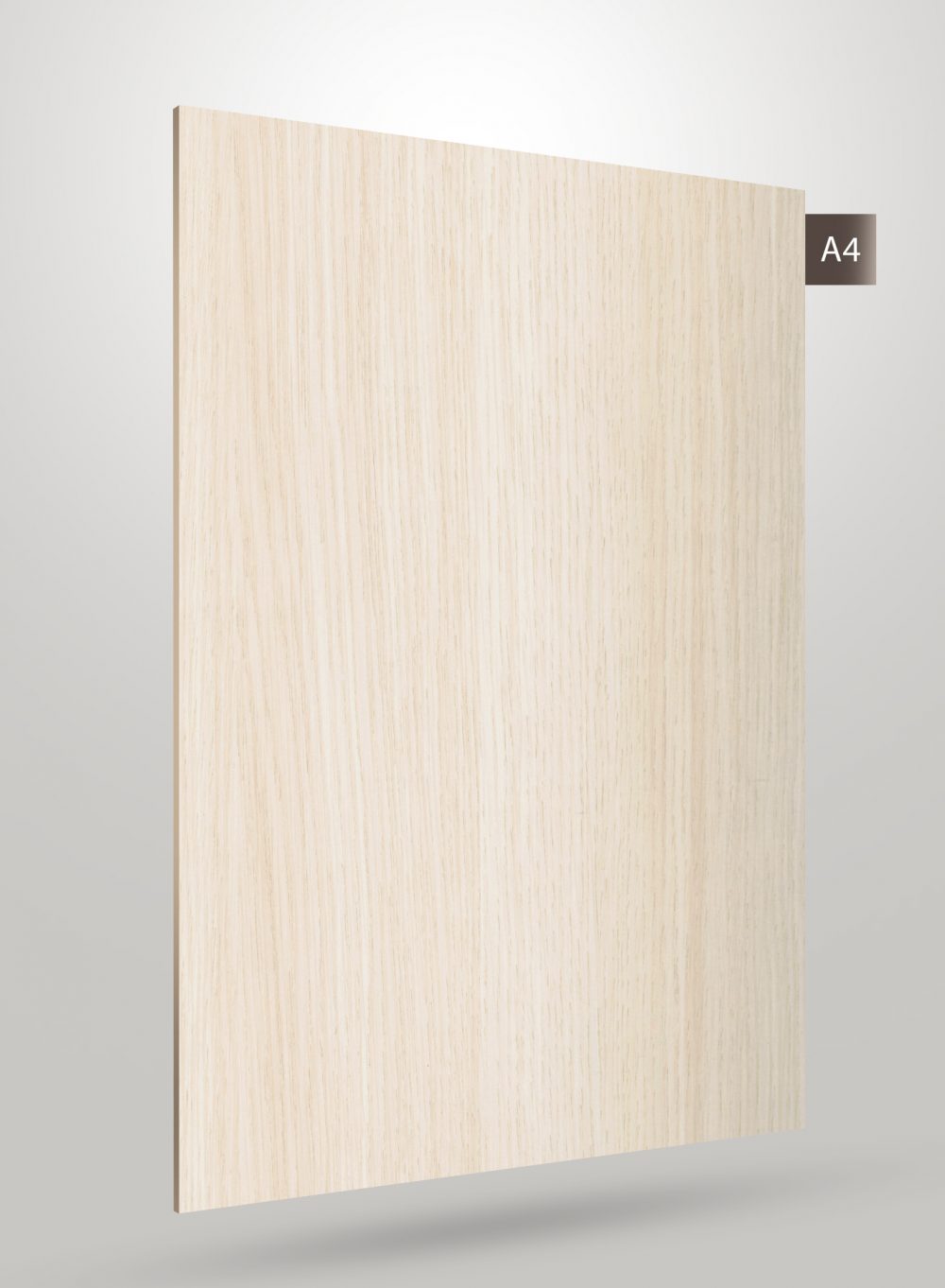 Beige wood grain decorative laminate with matte finish and straight grain pattern on a square sheet.