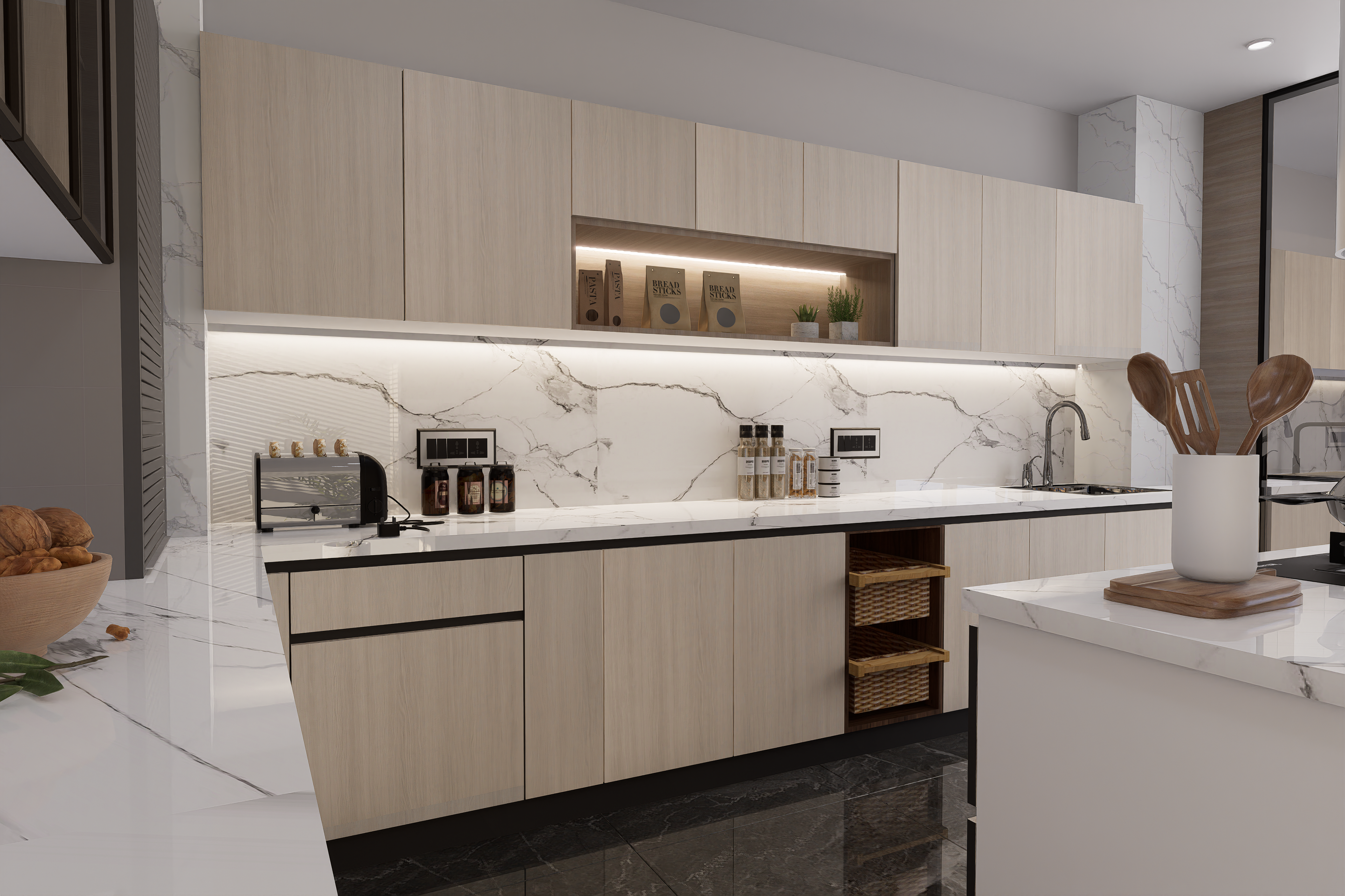 Beige wood grain laminate kitchen cabinets with matte finish and subtle texture in modern kitchen setting