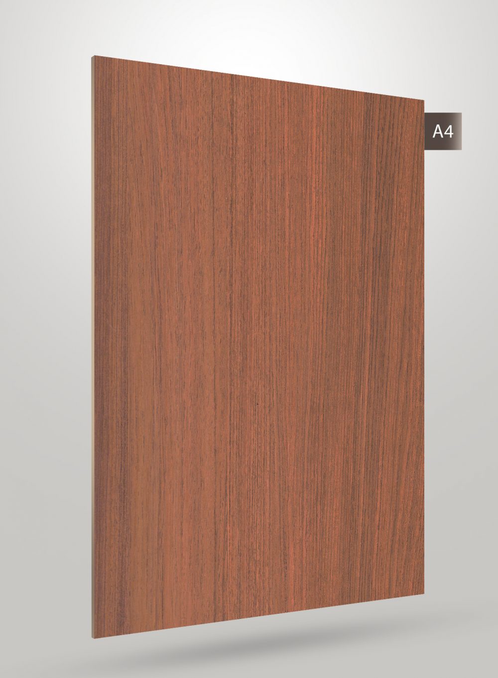 Brown wood grain decorative laminate with matte finish and vertical wood pattern texture