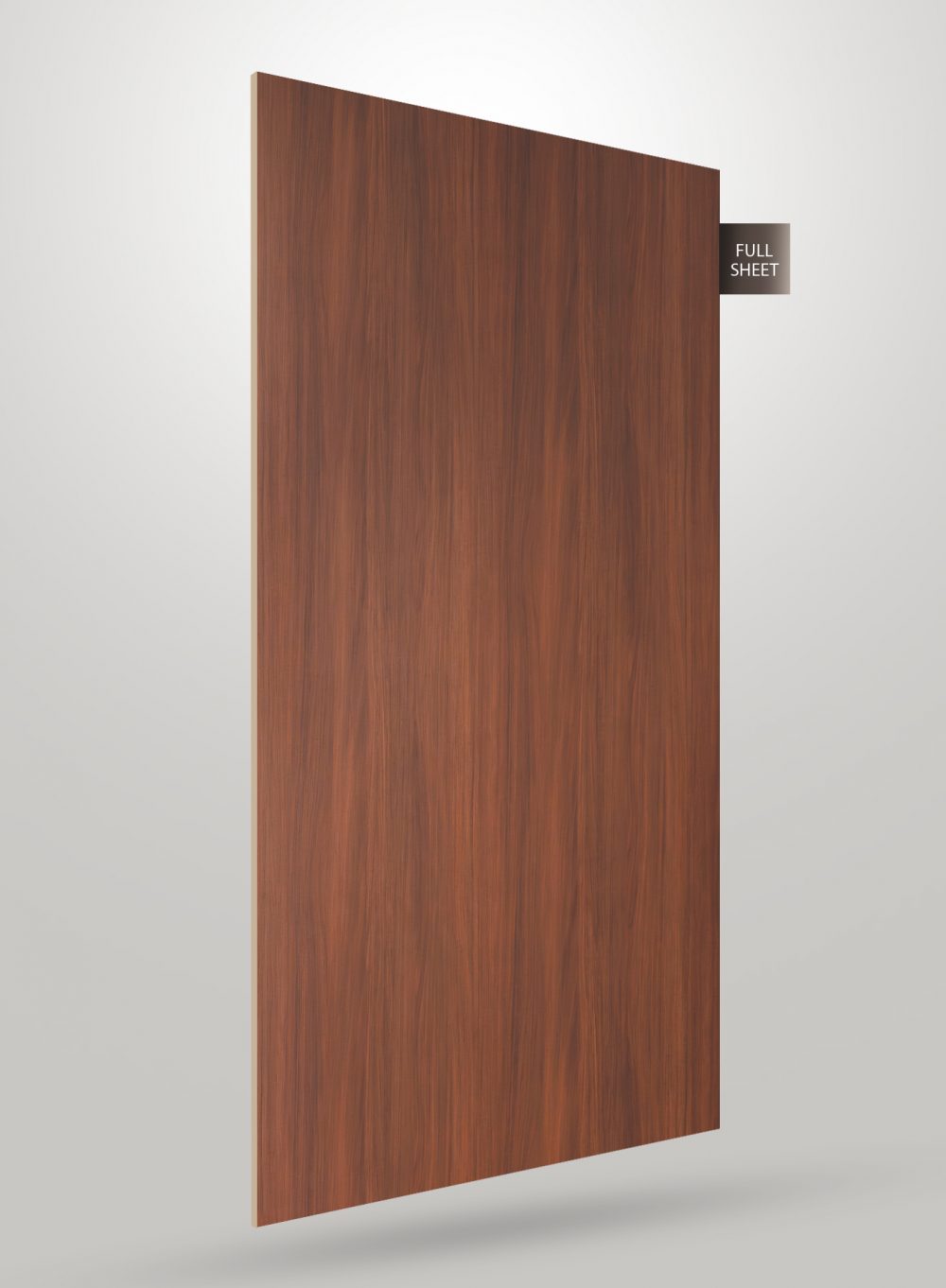 Brown wood grain laminate sheet with matte finish and vertical grain pattern, labeled full sheet.