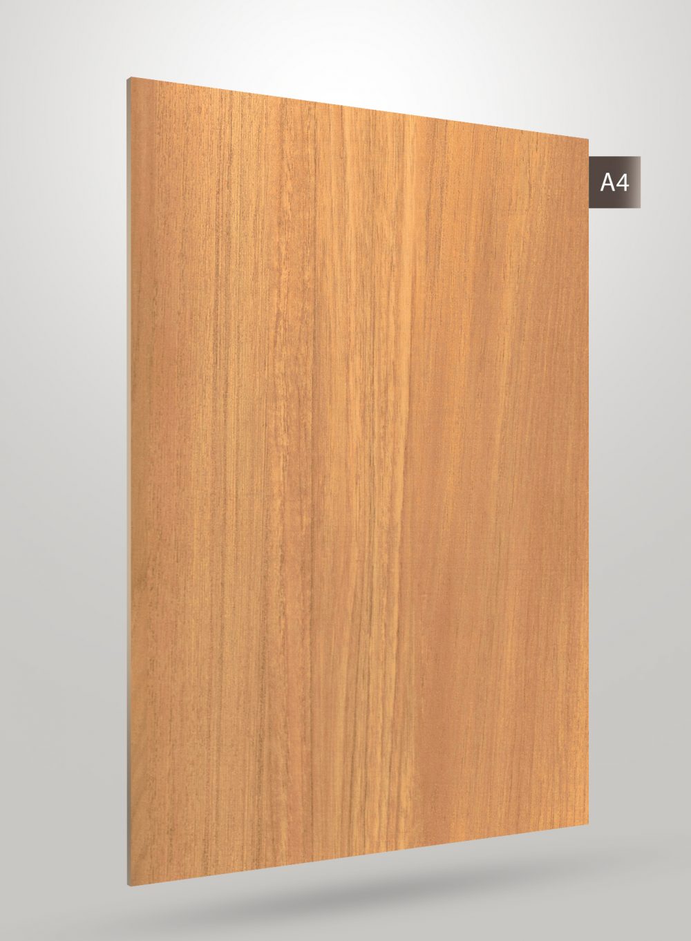 Brown wood grain decorative laminate with matte finish and vertical wood pattern texture on a square sheet.