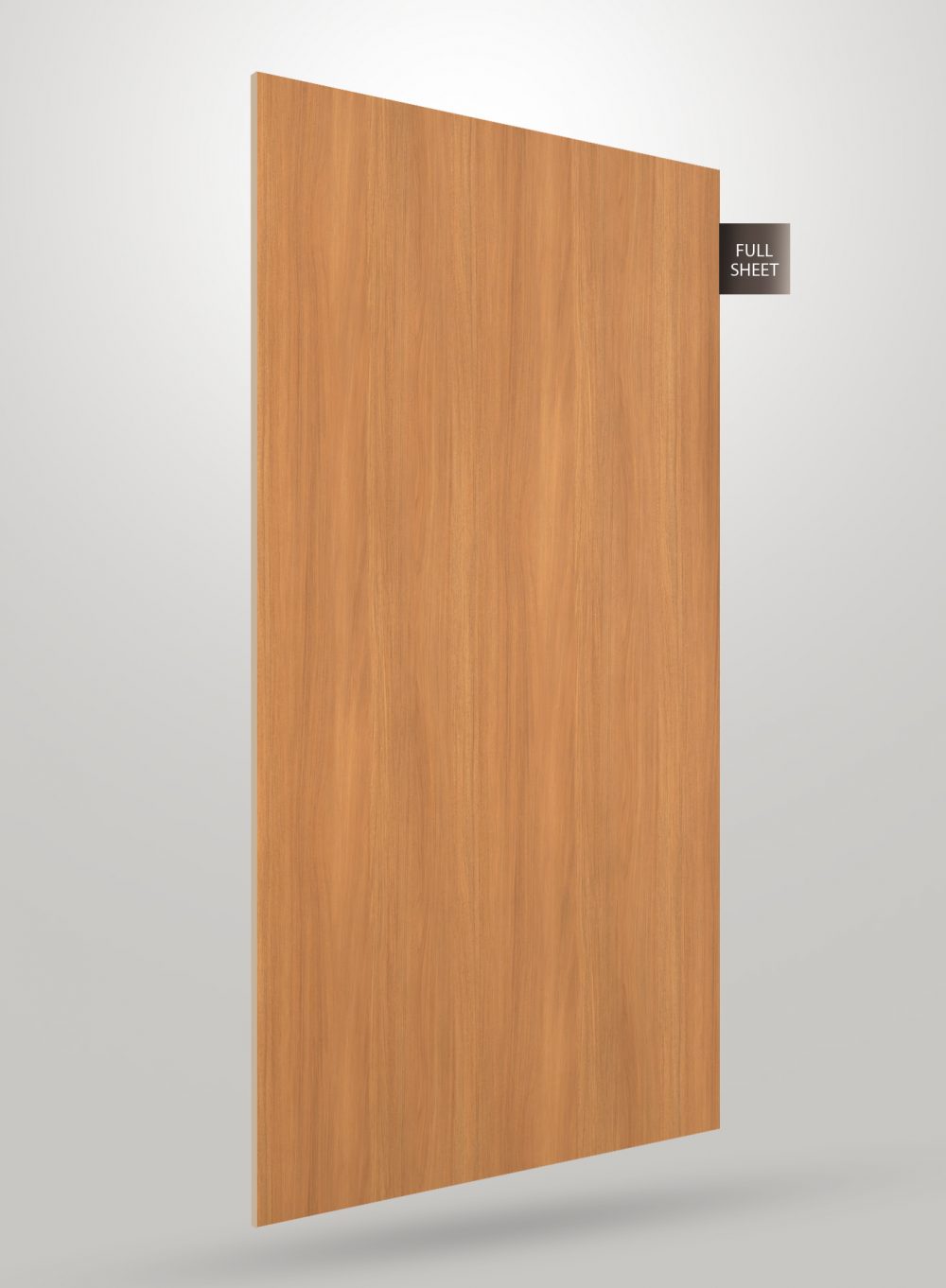 Brown wood grain laminate sheet with matte finish and visible wood texture displayed at an angle with full sheet label.