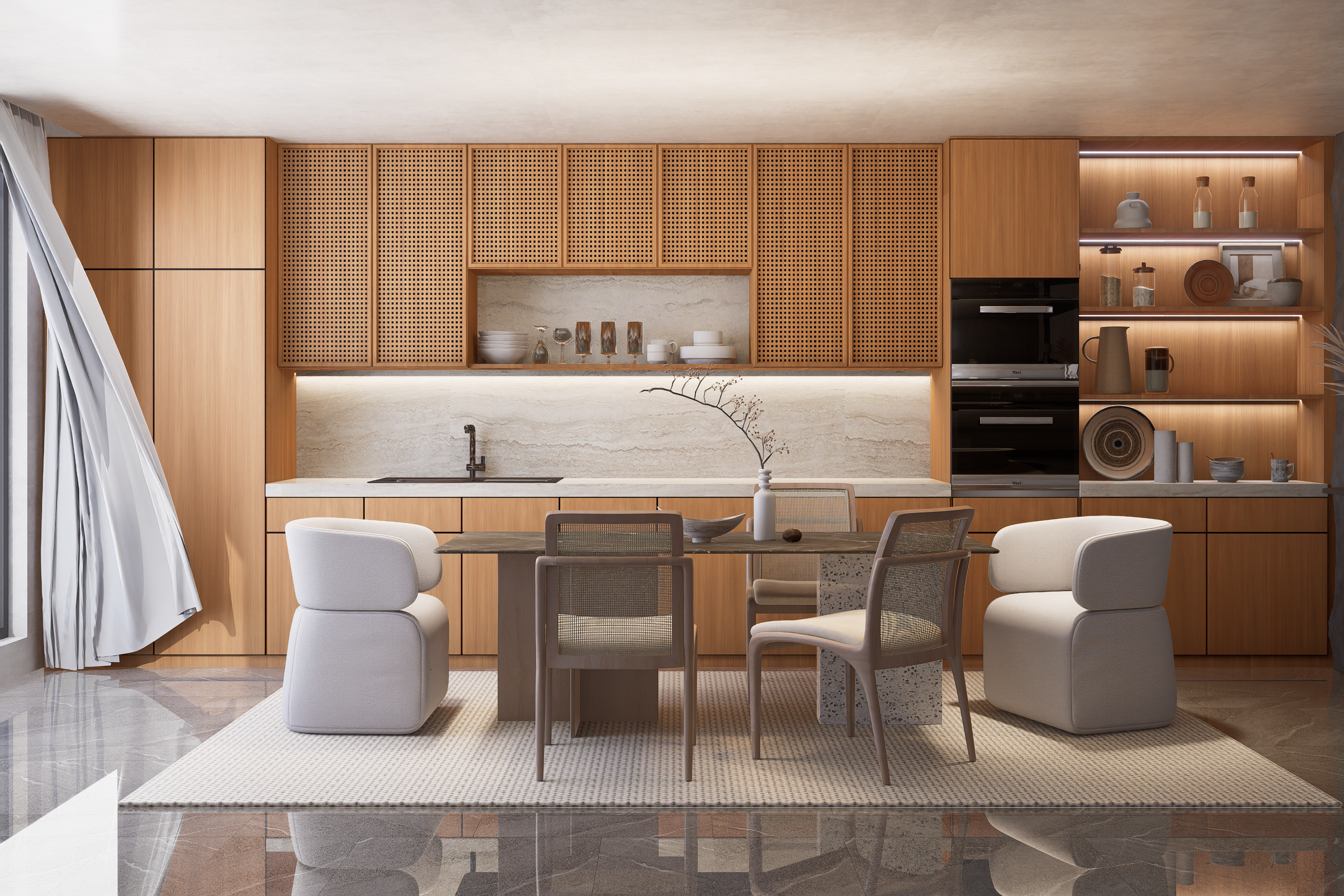Brown wood laminate kitchen cabinets with perforated design and matte finish in modern interior setting with dining area