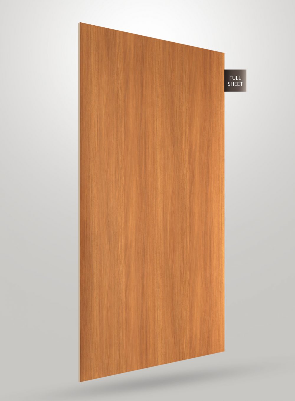 Brown wood grain laminate sheet with matte finish and vertical grain pattern displayed at an angle.