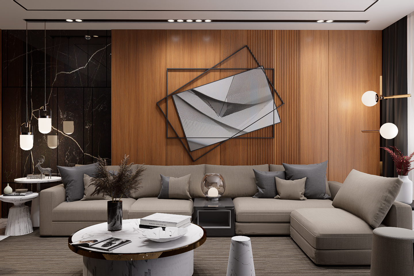 Brown wood laminate wall in modern living room with beige sofa and decorative elements showcasing matte finish and wood