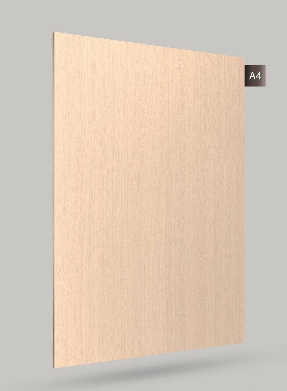 Beige wood grain decorative laminate with matte finish and vertical wood texture pattern on a rectangular sheet.
