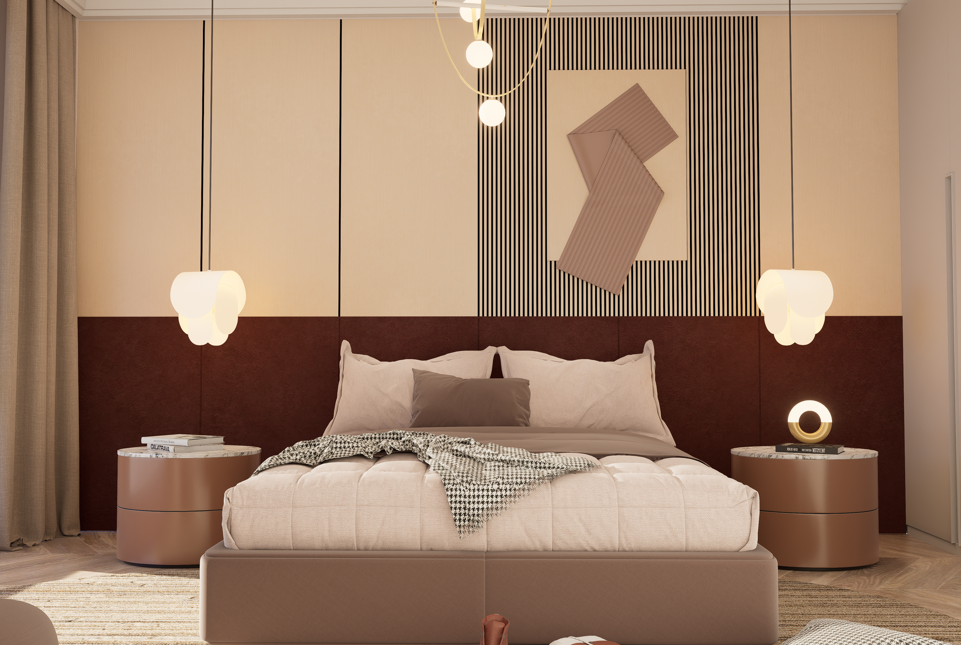 Beige wood laminate wall panels with matte finish in a modern bedroom setting with striped accent wall