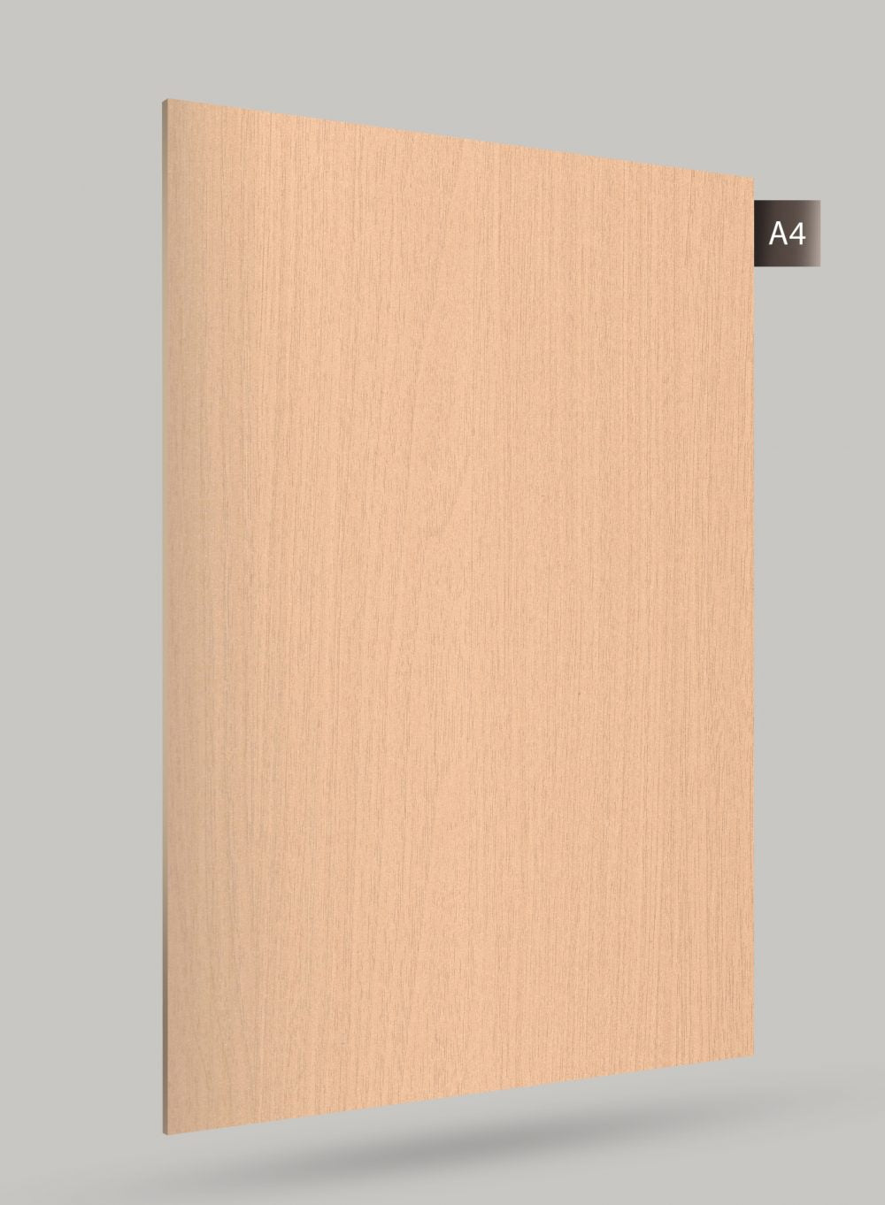 Beige wood grain decorative laminate with matte finish and visible wood texture, shown on a grey background with code label.