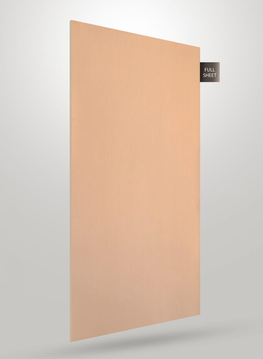 Beige wood grain laminate sheet with matte finish and visible texture displayed as full sheet against gray background.