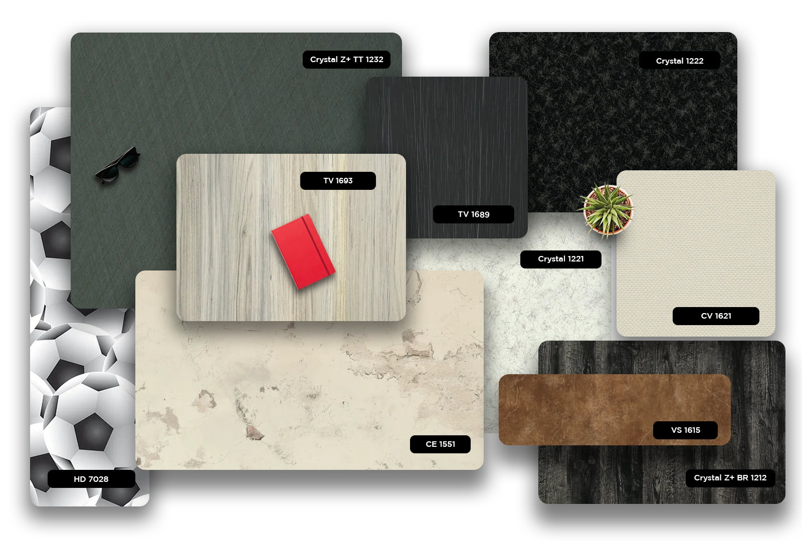 Multicolored marble laminate with matte finish and stone pattern VS 1615 sample displayed with other decorative laminate
