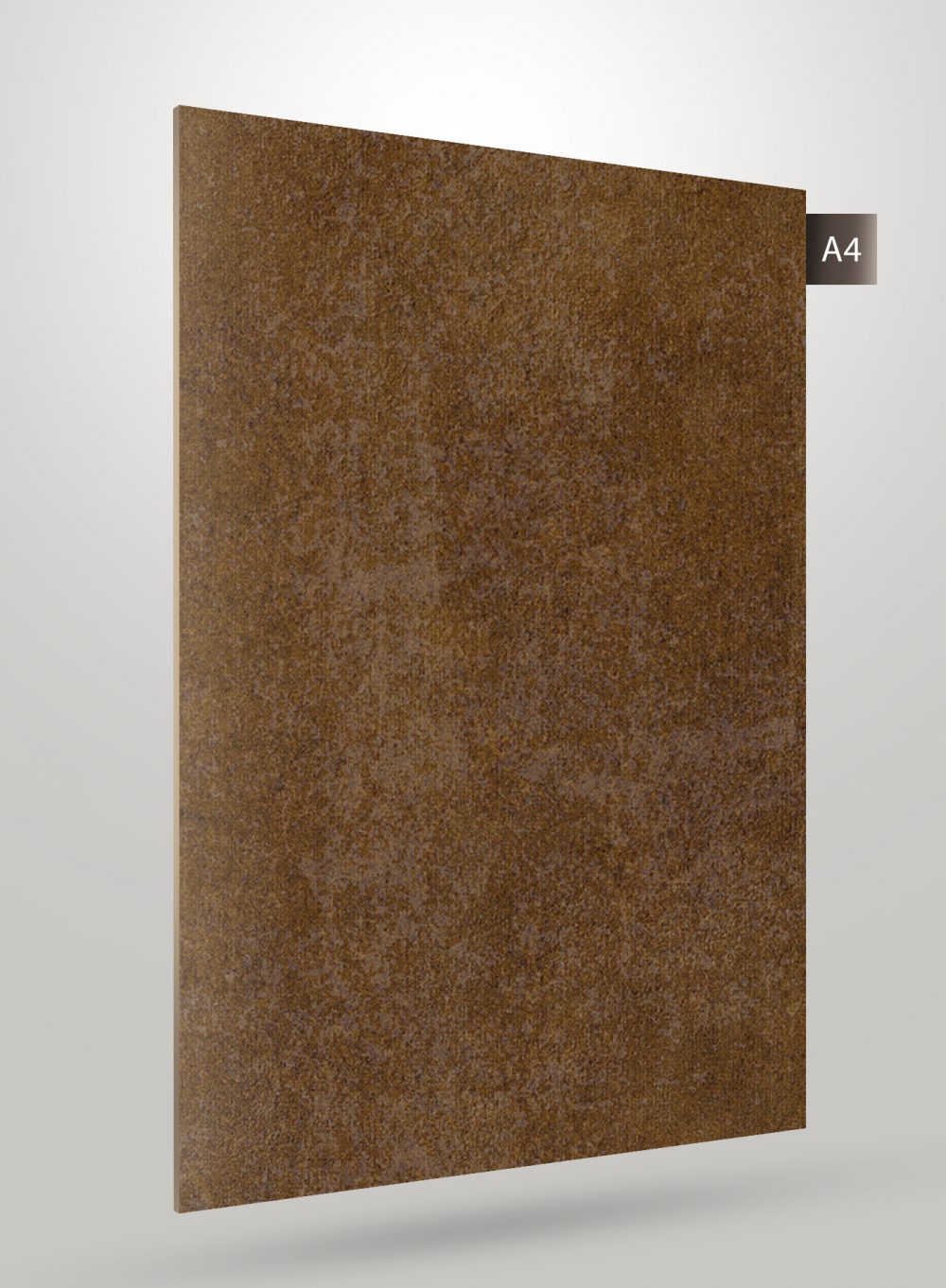 Brown matte laminate sheet with textured finish and subtle speckles, labeled A4, displayed on a plain background.