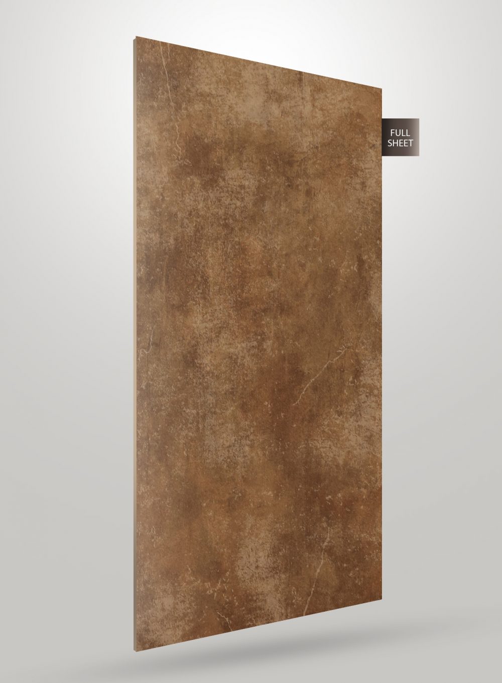 Brown marble laminate sheet with matte finish and veining pattern, labeled full sheet on a white background.