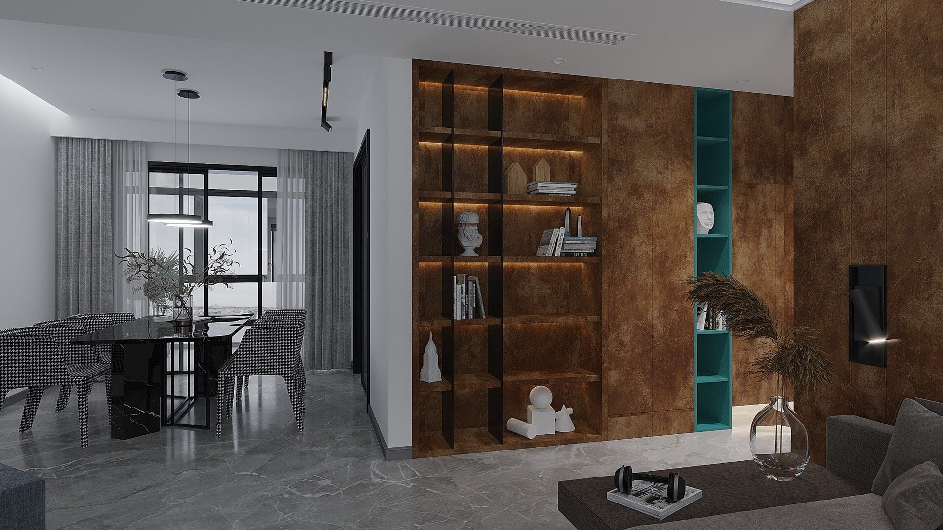 Brown marble laminate wall with built-in shelving and backlighting in a modern living room with dining area