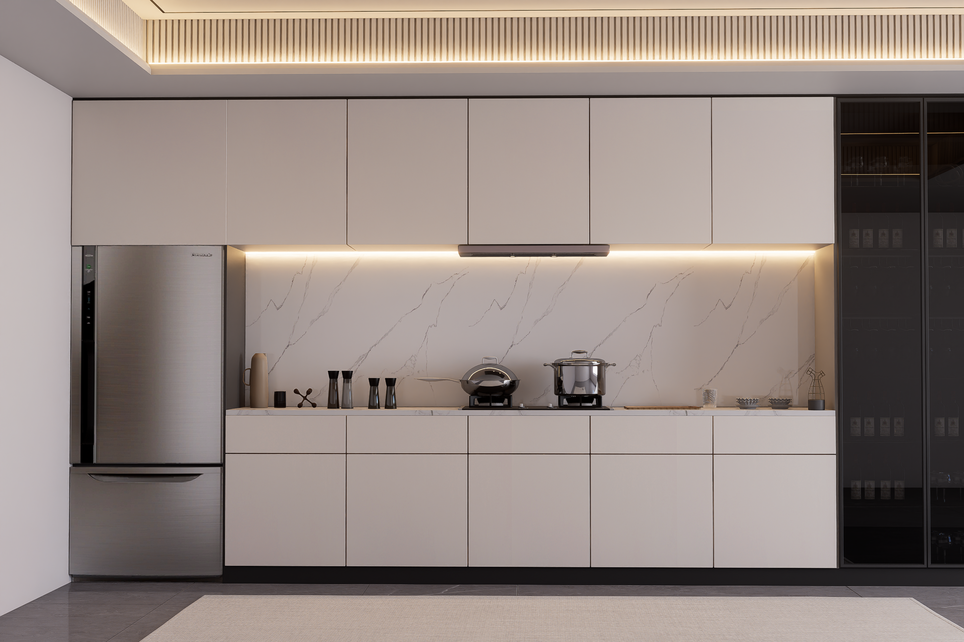 Ivory matte laminate kitchen cabinets with seamless joints and subtle texture, showcasing solid color finish in modern