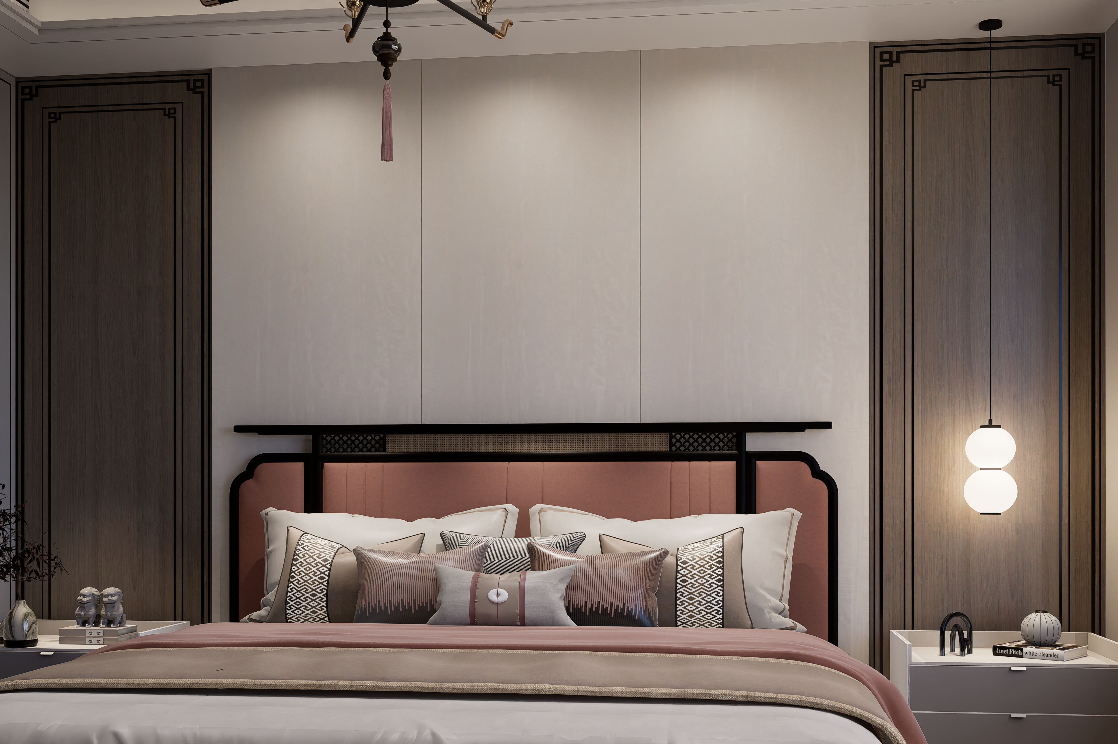 Ivory matte laminate wall panels in a modern bedroom with decorative pillows and pendant lights