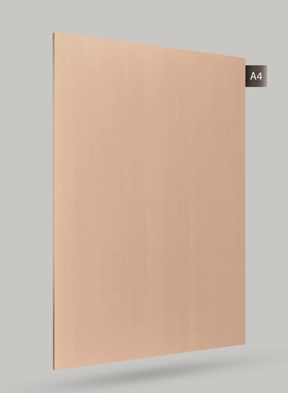 Beige matte decorative laminate sheet with subtle texture and smooth finish displayed on a grey background with code label.