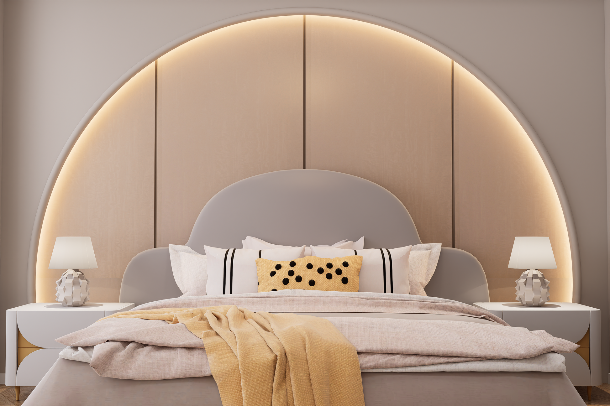 Beige matte laminate wall panel behind bed with subtle texture and soft lighting in modern bedroom setting